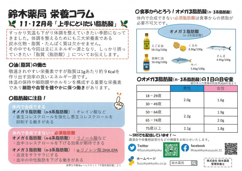 栄養コラム　11・12月号「上手にとりたい脂肪酸」